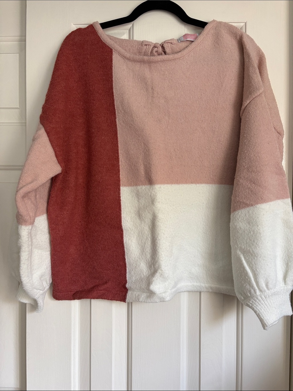 Colorblock Plush Crewneck Sweater - Pink, Dusty Rose & White